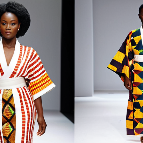 Home 23 **Fusion Fashion:** A vibrant runway scene showcasing a Japanese designer's collection featuring Ghanaian Kente cloth patterns integrated into modern kimonos. The models exude confidence, blending African energy with Japanese elegance.
