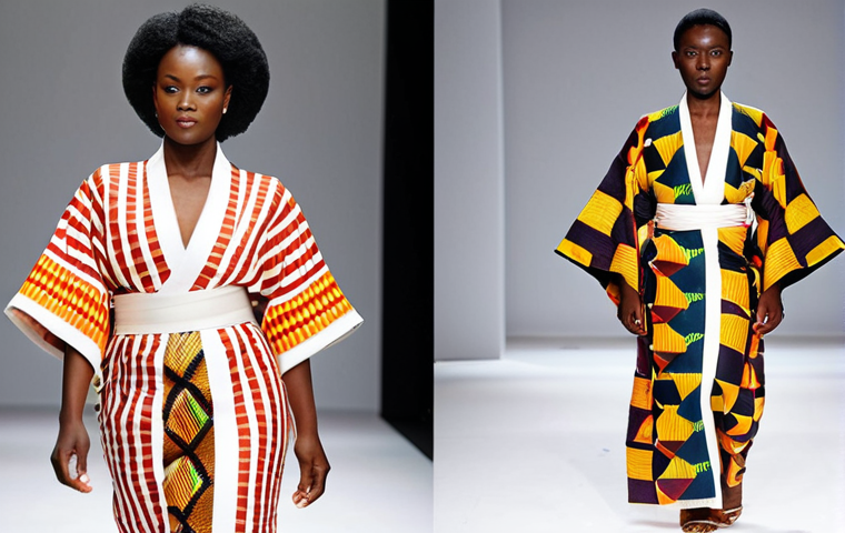 **Fusion Fashion:** A vibrant runway scene showcasing a Japanese designer's collection featuring Ghanaian Kente cloth patterns integrated into modern kimonos. The models exude confidence, blending African energy with Japanese elegance.