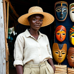 A professional female traveler, fully clothed in a modest, loose-fitting linen shirt and wide-leg cotton trousers in light earth tones, wearing a wide-brimmed straw hat. She stands in a natural pose, observing a vibrant Ghanaian craft market filled with colorful kente fabrics, traditional carved wooden masks, and artisan pottery. The scene is well-lit, safe for work, and appropriate content, showcasing a family-friendly environment. The image features perfect anatomy, correct proportions, well-formed hands, and natural body proportions, captured with professional photography and high-quality detail.