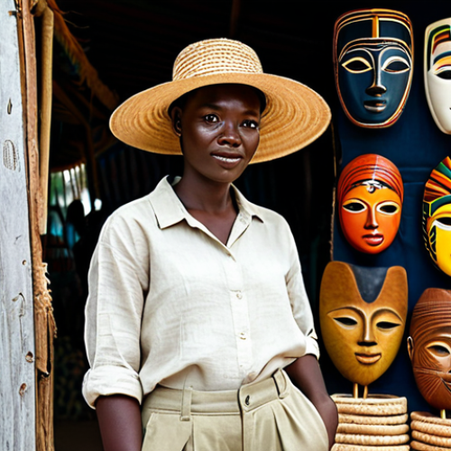 Home 22 A professional female traveler, fully clothed in a modest, loose-fitting linen shirt and wide-leg cotton trousers in light earth tones, wearing a wide-brimmed straw hat. She stands in a natural pose, observing a vibrant Ghanaian craft market filled with colorful kente fabrics, traditional carved wooden masks, and artisan pottery. The scene is well-lit, safe for work, and appropriate content, showcasing a family-friendly environment. The image features perfect anatomy, correct proportions, well-formed hands, and natural body proportions, captured with professional photography and high-quality detail.