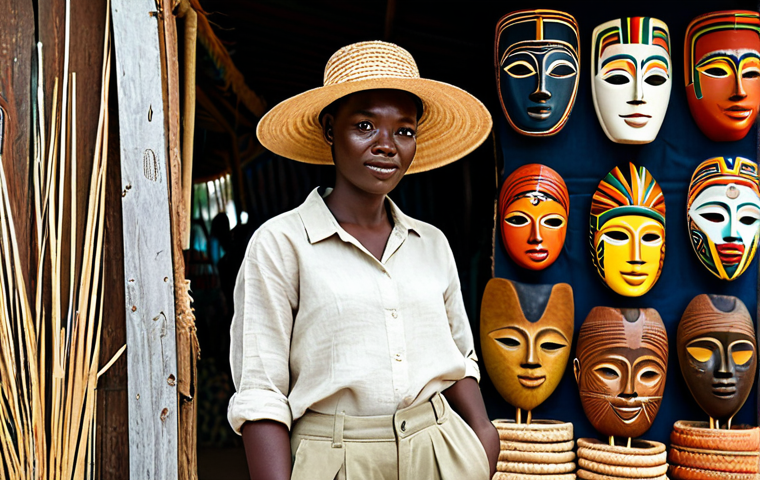 A professional female traveler, fully clothed in a modest, loose-fitting linen shirt and wide-leg cotton trousers in light earth tones, wearing a wide-brimmed straw hat. She stands in a natural pose, observing a vibrant Ghanaian craft market filled with colorful kente fabrics, traditional carved wooden masks, and artisan pottery. The scene is well-lit, safe for work, and appropriate content, showcasing a family-friendly environment. The image features perfect anatomy, correct proportions, well-formed hands, and natural body proportions, captured with professional photography and high-quality detail.