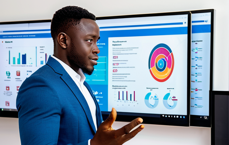A professional Ghanaian fintech entrepreneur, male, in a modest business suit, standing confidently in a modern, high-tech startup hub in Accra. He is gesturing towards a large interactive screen displaying financial app interfaces, surrounded by sleek computers and collaborative workspaces. The atmosphere is vibrant and innovative. Fully clothed, appropriate attire, safe for work, appropriate content, professional, family-friendly, perfect anatomy, correct proportions, natural pose, well-formed hands, proper finger count, natural body proportions, professional photography, high quality, vibrant colors.