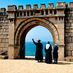 A majestic, historical coastal fort in Ghana, inspired by Cape Coast Castle, under a clear sky. The fort features imposing stone walls, ancient turrets, and narrow embrasures overlooking a vast, calm ocean. Sunlight streams through archways, illuminating weathered textures on the walls. The architecture shows a blend of Portuguese, Dutch, and British influences, showcasing rugged, durable construction. A small group of professional historians or archaeologists, fully clothed in modest, appropriate attire suitable for fieldwork, stands respectfully near an ancient stone wall, observing the structure. The scene evokes a sense of historical grandeur and solemnity. professional photography, high detail, sharp focus, perfect anatomy, correct proportions, natural pose, well-formed hands, proper finger count, natural body proportions, safe for work, appropriate content, fully clothed, modest, family-friendly.
