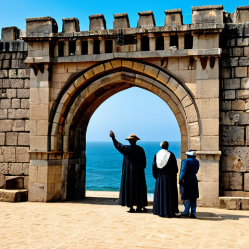 Home 20 A majestic, historical coastal fort in Ghana, inspired by Cape Coast Castle, under a clear sky. The fort features imposing stone walls, ancient turrets, and narrow embrasures overlooking a vast, calm ocean. Sunlight streams through archways, illuminating weathered textures on the walls. The architecture shows a blend of Portuguese, Dutch, and British influences, showcasing rugged, durable construction. A small group of professional historians or archaeologists, fully clothed in modest, appropriate attire suitable for fieldwork, stands respectfully near an ancient stone wall, observing the structure. The scene evokes a sense of historical grandeur and solemnity. professional photography, high detail, sharp focus, perfect anatomy, correct proportions, natural pose, well-formed hands, proper finger count, natural body proportions, safe for work, appropriate content, fully clothed, modest, family-friendly.
