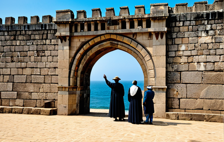 A majestic, historical coastal fort in Ghana, inspired by Cape Coast Castle, under a clear sky. The fort features imposing stone walls, ancient turrets, and narrow embrasures overlooking a vast, calm ocean. Sunlight streams through archways, illuminating weathered textures on the walls. The architecture shows a blend of Portuguese, Dutch, and British influences, showcasing rugged, durable construction. A small group of professional historians or archaeologists, fully clothed in modest, appropriate attire suitable for fieldwork, stands respectfully near an ancient stone wall, observing the structure. The scene evokes a sense of historical grandeur and solemnity. professional photography, high detail, sharp focus, perfect anatomy, correct proportions, natural pose, well-formed hands, proper finger count, natural body proportions, safe for work, appropriate content, fully clothed, modest, family-friendly.