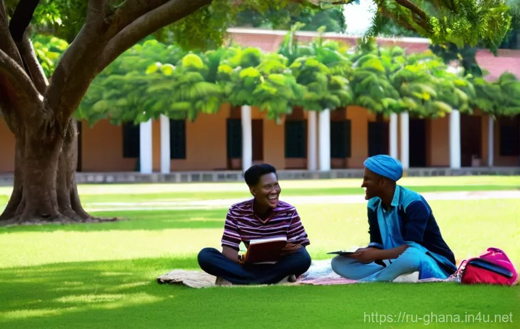 가나의 교육 시스템과 명문 대학 - **Prompt:** A young, fully clothed student, looking excited and curious, is navigating a vibrant, bu...