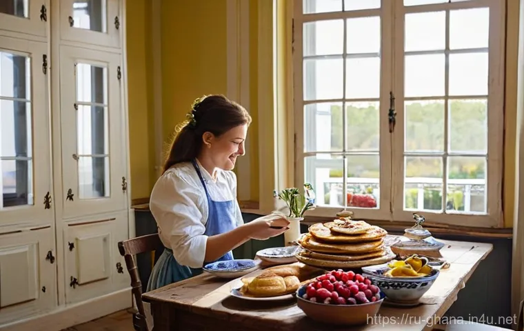 가나 호텔과 로컬 게스트하우스 차이 - **Prompt:** A scene of cultural immersion within an authentic Russian guest house. A diverse group o...
