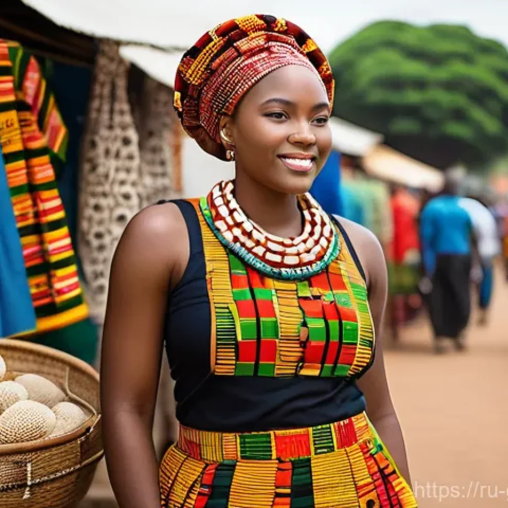 가나에서 유명한 전통 공예품 - **Kente Fabric Fashion in a Ghanaian Market**
    "A young Ghanaian woman, embodying grace and confi...