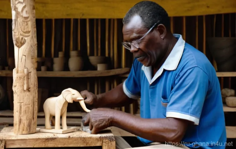 가나에서 유명한 전통 공예품 - **Akua'ba Doll and a Serene Ghanaian Woman**
    "A serene and gentle Ghanaian woman, dressed in a m...