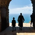 Home 18 가나 케이프코스트 성 - **Prompt:** A solemn depiction of the "Door of No Return" at Cape Coast Castle. African captives, re...