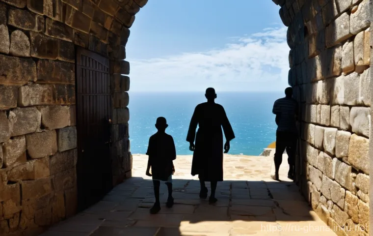 가나 케이프코스트 성 - **Prompt:** A solemn depiction of the "Door of No Return" at Cape Coast Castle. African captives, re...