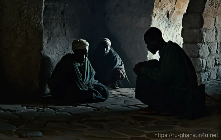 가나 케이프코스트 성 - **Prompt:** A solemn depiction of the "Door of No Return" at Cape Coast Castle. African captives, re...