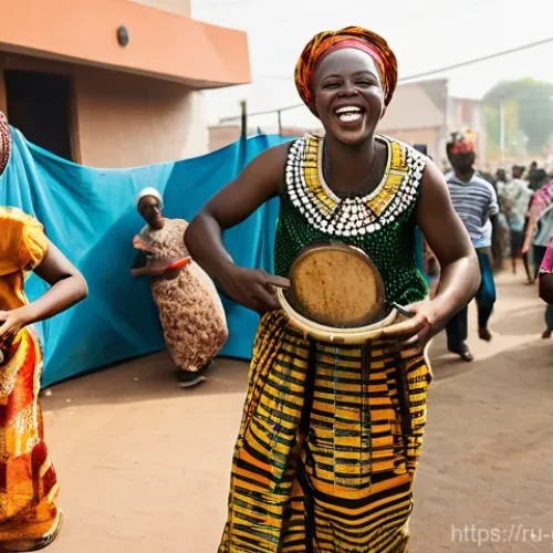 Home 29 가나에서 종교의 역할과 영향 - **Prompt:** A vibrant and joyful street festival in Ghana, showcasing the harmonious celebration of ...