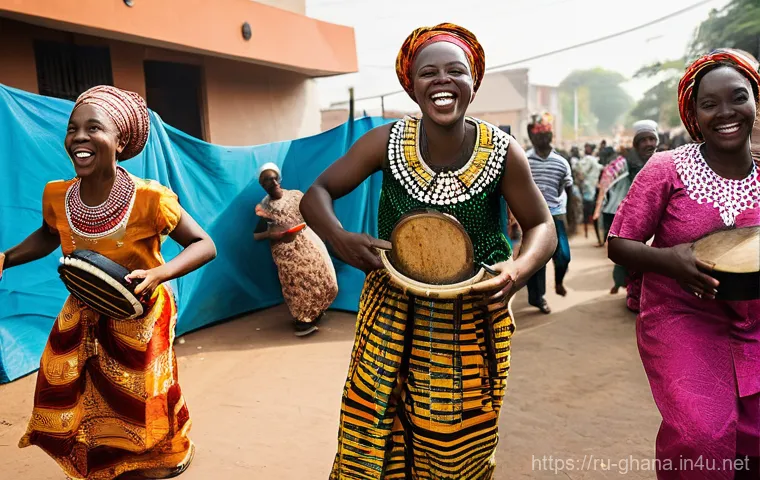 가나에서 종교의 역할과 영향 - **Prompt:** A vibrant and joyful street festival in Ghana, showcasing the harmonious celebration of ...