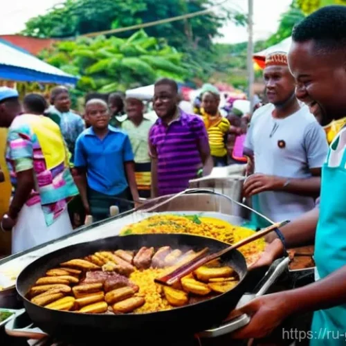 Home 28 가나 물가와 여행 예산 - **Vibrant Ghanaian Street Food Evening:** A bustling, atmospheric street food scene in Ghana at dusk...
