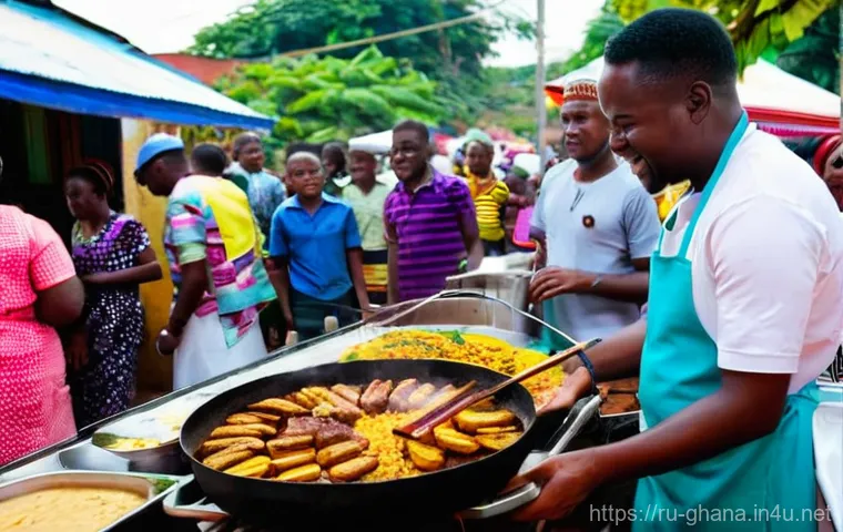 가나 물가와 여행 예산 - **Vibrant Ghanaian Street Food Evening:** A bustling, atmospheric street food scene in Ghana at dusk...