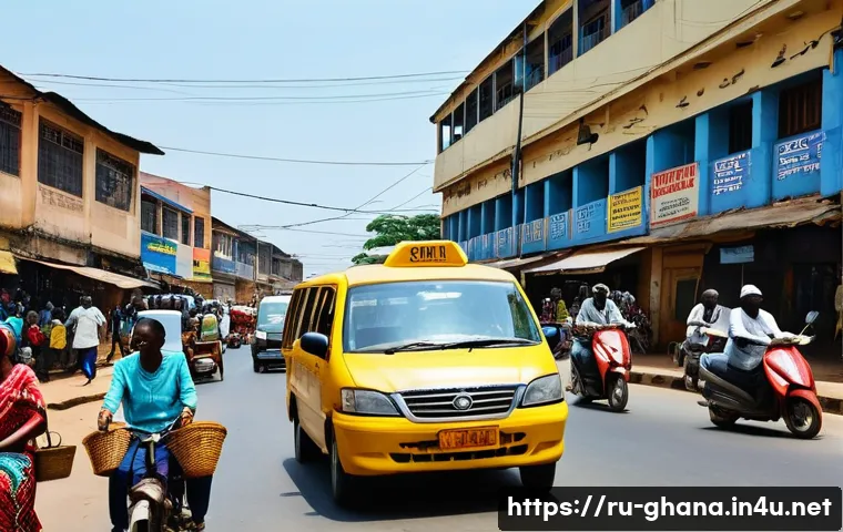 가나 현지 교통 이용법 - **A vibrant, bustling street scene in Accra, Ghana, at midday.** The foreground features several bri...