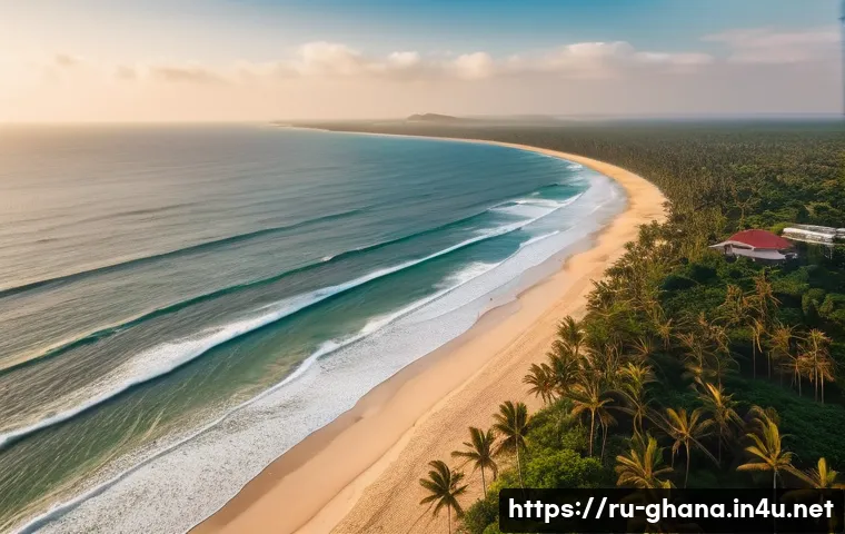 가나에서 드론 촬영이 가능한 지역 - **Golden Hour Coastal Exploration:** An aerial photograph captured during the "golden hour," showcas...