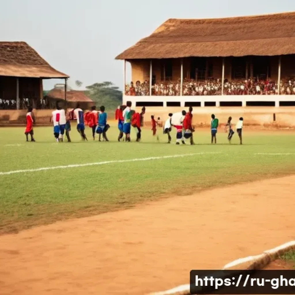 가나 축구 대표팀 역사 - A vibrant scene capturing the early days of football in colonial Ghana, featuring local players in v...