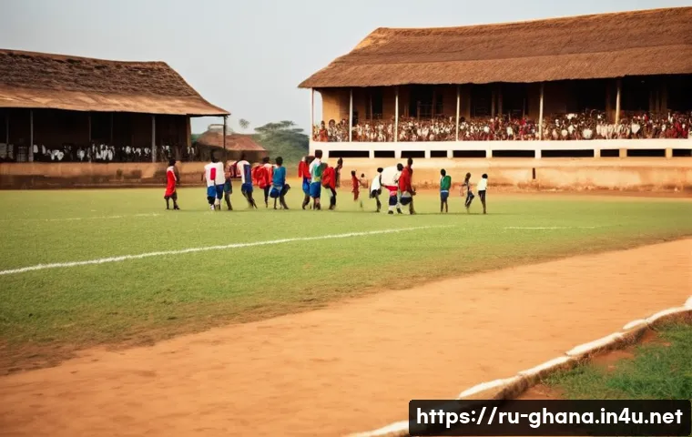 가나 축구 대표팀 역사 - A vibrant scene capturing the early days of football in colonial Ghana, featuring local players in v...