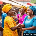 Home 22 가나에서 현지 친구 사귀기 - A vibrant Ghanaian marketplace scene bustling with diverse people warmly greeting each other with re...