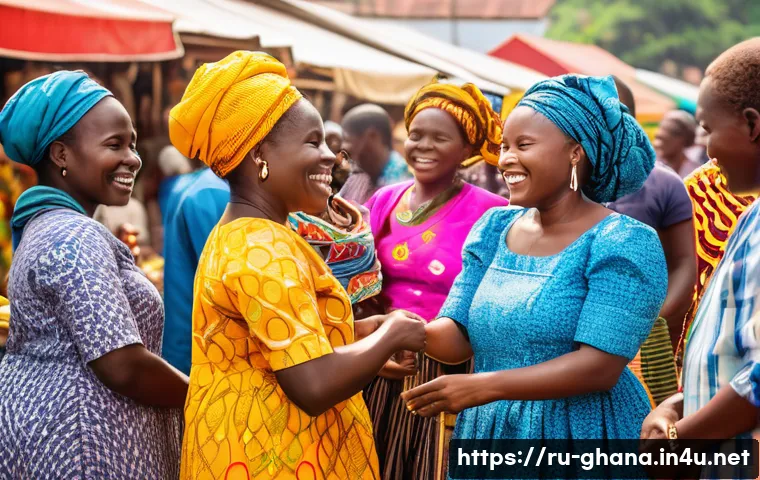 가나에서 현지 친구 사귀기 - A vibrant Ghanaian marketplace scene bustling with diverse people warmly greeting each other with re...