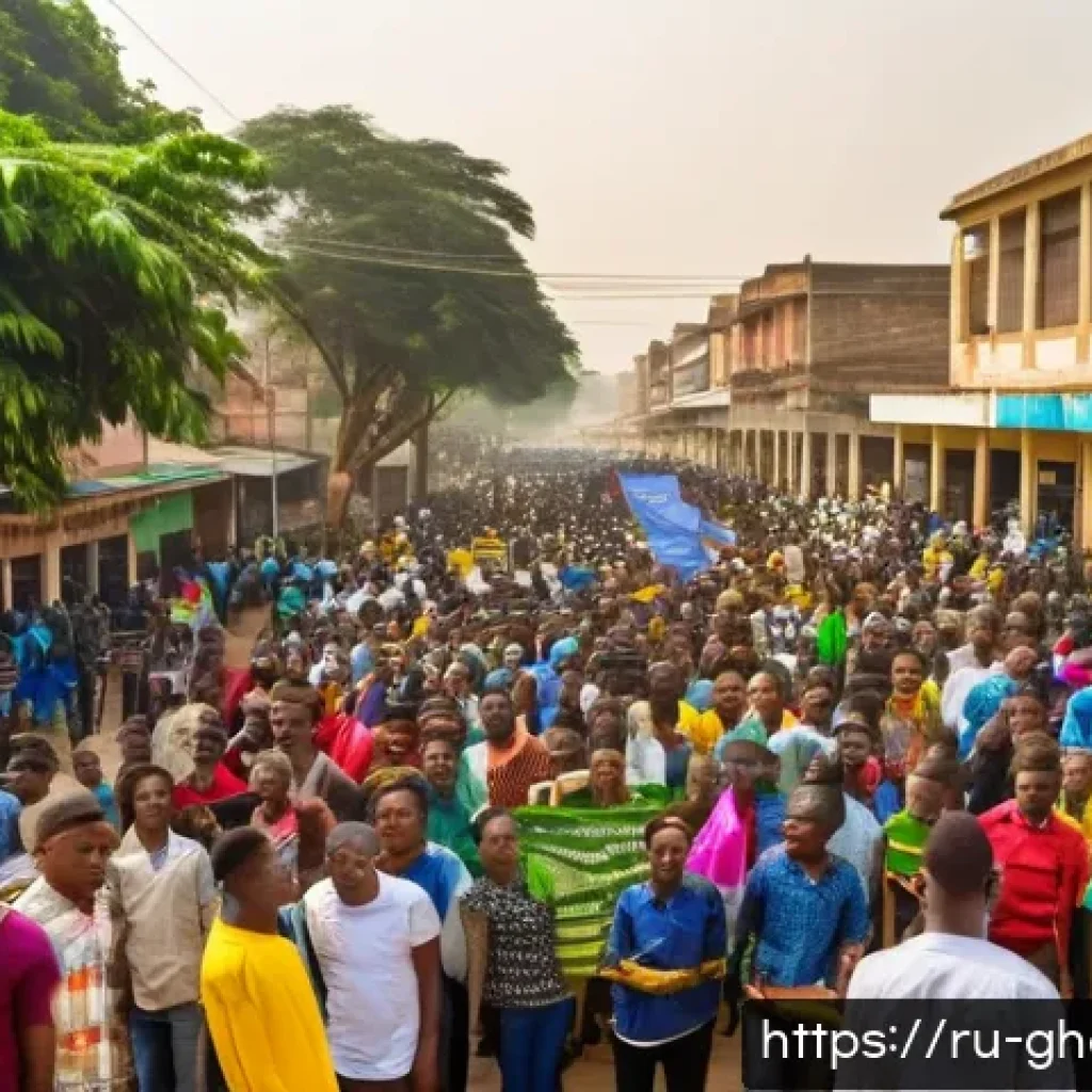 가나에서 벌어진 대규모 시위 - A bustling street scene in Accra, Ghana, showing diverse groups of young people gathered peacefully ...