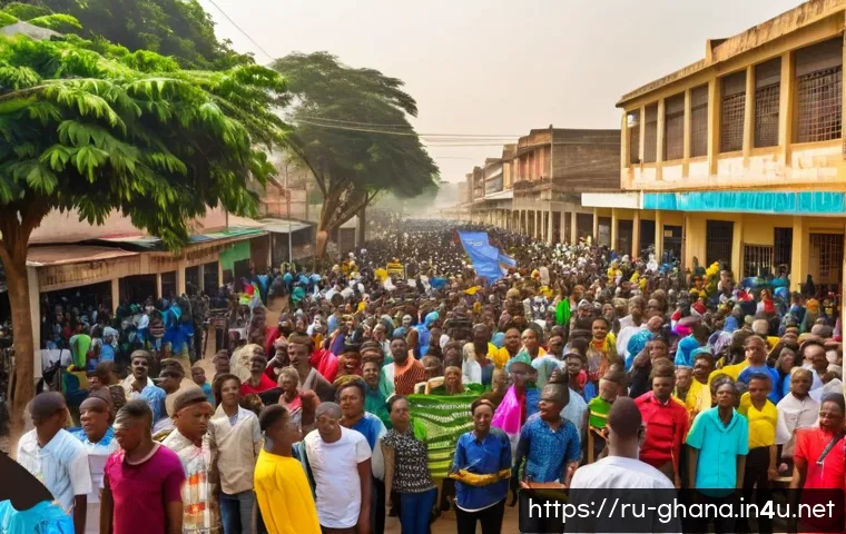 가나에서 벌어진 대규모 시위 - A bustling street scene in Accra, Ghana, showing diverse groups of young people gathered peacefully ...