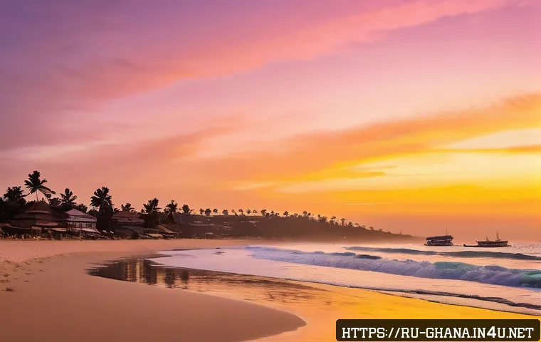 가나에서 꼭 가봐야 할 관광지 - A tranquil sunrise scene at Bondi Beach in Ghana, featuring soft golden sand stretching along a calm...