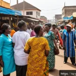Home 19 가나에서 통용되는 언어 - A vibrant street market scene in Accra, Ghana, showcasing diverse groups of people engaging in livel...