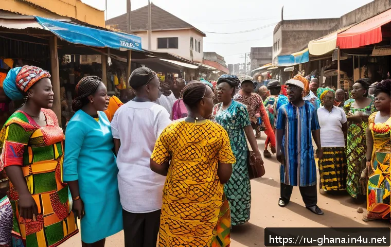 가나에서 통용되는 언어 - A vibrant street market scene in Accra, Ghana, showcasing diverse groups of people engaging in livel...