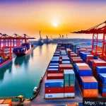 Home 18 가나와 중국의 경제 협력 관계 - A bustling modern Ghanaian port scene during daytime, featuring newly expanded Tema port facilities ...