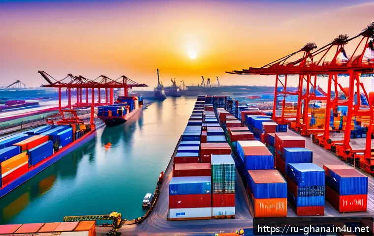 가나와 중국의 경제 협력 관계 - A bustling modern Ghanaian port scene during daytime, featuring newly expanded Tema port facilities ...