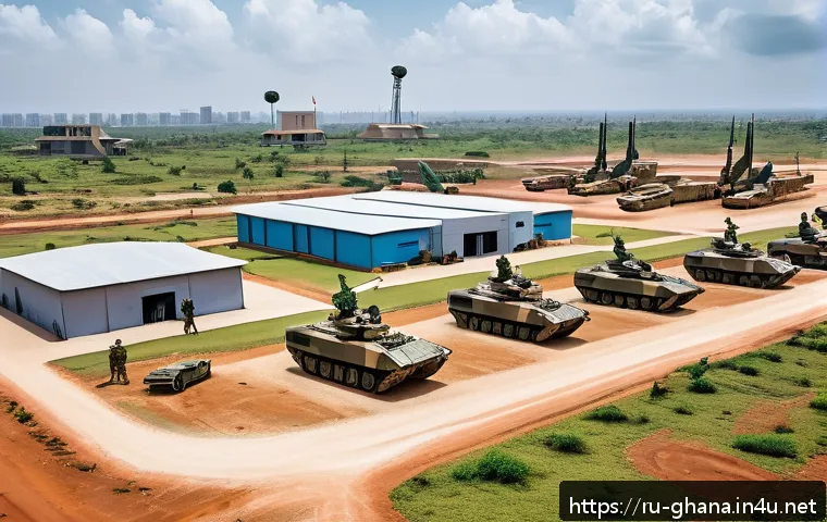 가나의 군사력과 국방 정책 - A highly detailed scene of a modern Ghanaian military base located in a strategic West African lands...