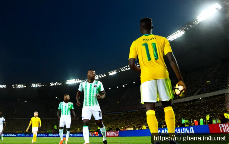 Home 17 가나 vs 나이지리아 축구 라이벌전 - Photorealistic international football rivalry match between Ghana and Nigeria, two athletic teams in...