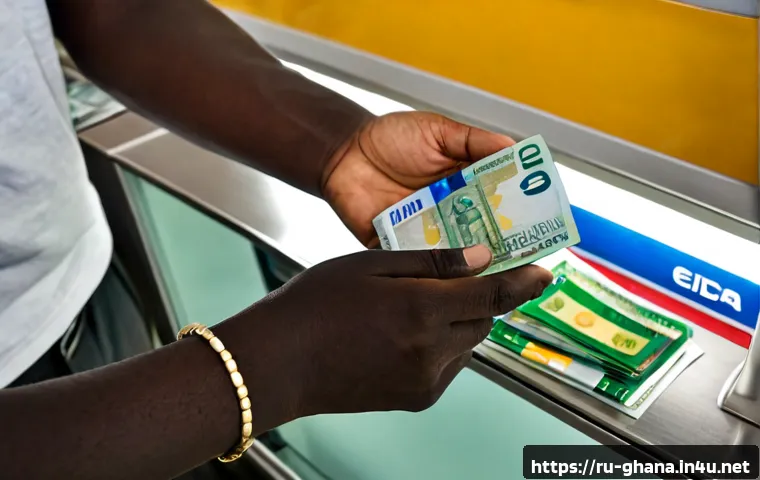 Home 17 가나에서 환전하는 방법 - Photorealistic travel currency exchange scene at Accra airport, a Russian-speaking traveler handing ...